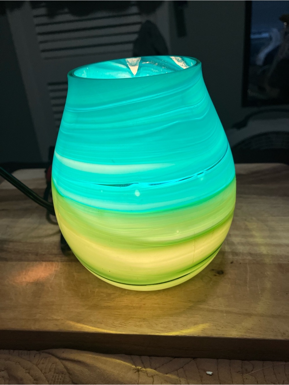 Handblown Striped Glass Vase Lamp in Teal and Lime